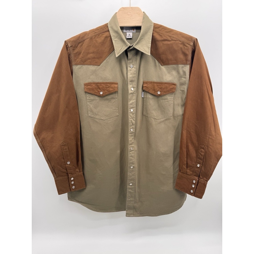 Carhartt Pearl Snap Shirt Men's XL Tall Button Up Two Tone Tan Western Vintage